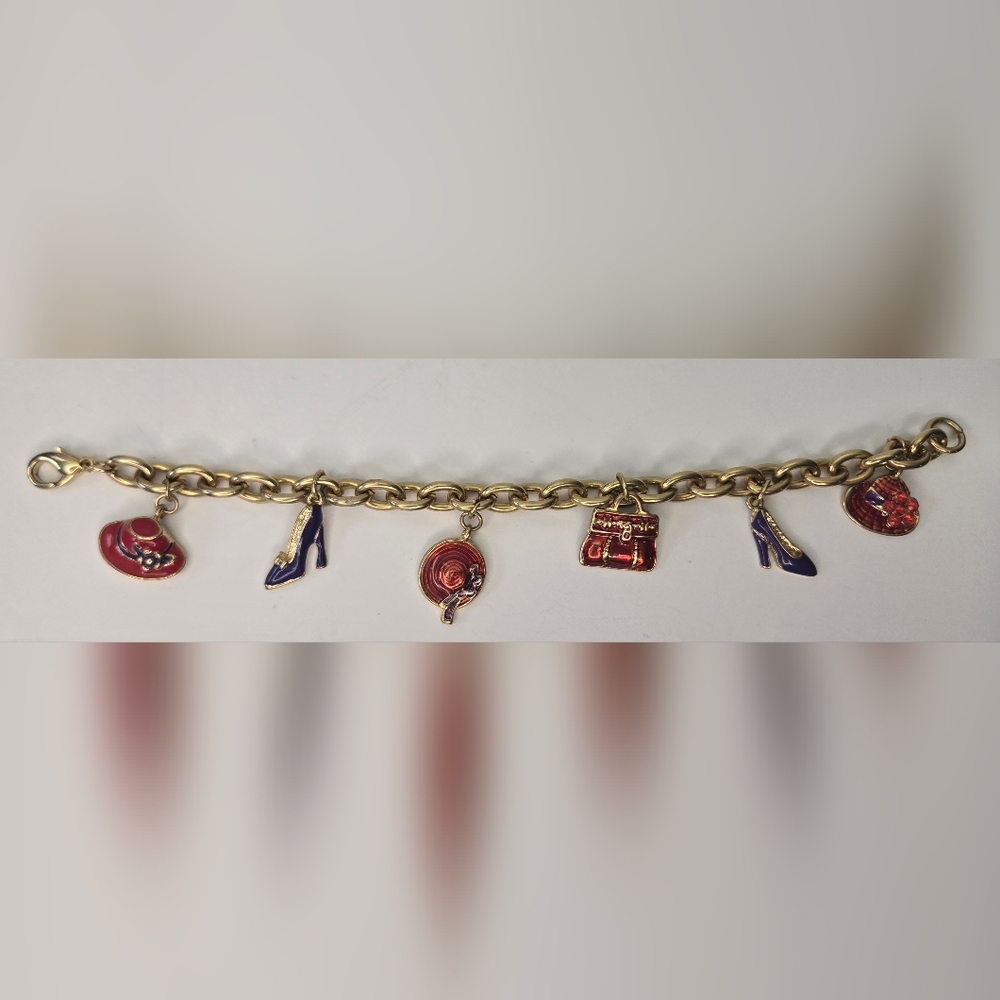 Vintage Red Hat Society 6 Charms Bracelet Gold Tone Chain, Purse,‎ Hats & Shoes - Picture 5 of 5